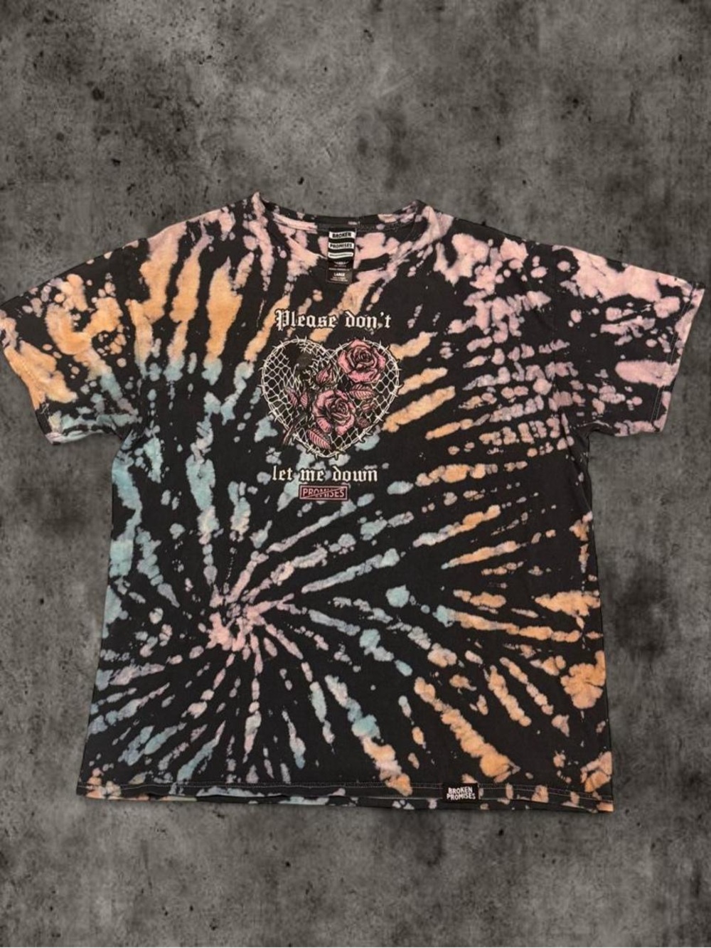Please Don't Let Me Down Tie-Dye Tee - Black with Pastel Accents broken promises